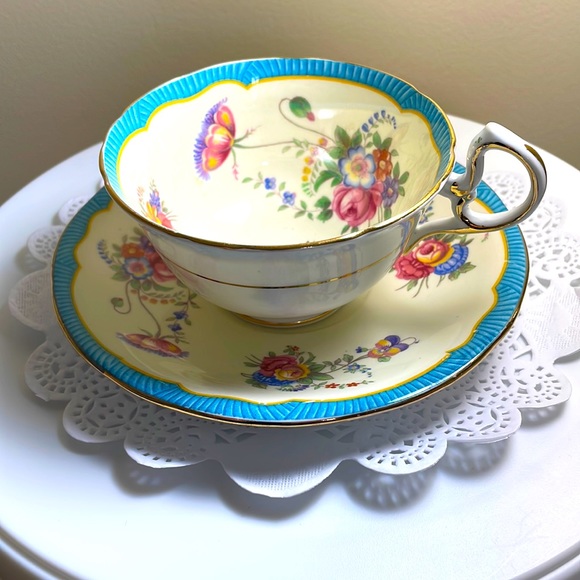 Stunning Aynsley Turquoise and yellow cup and saucer great condition - Picture 1 of 5